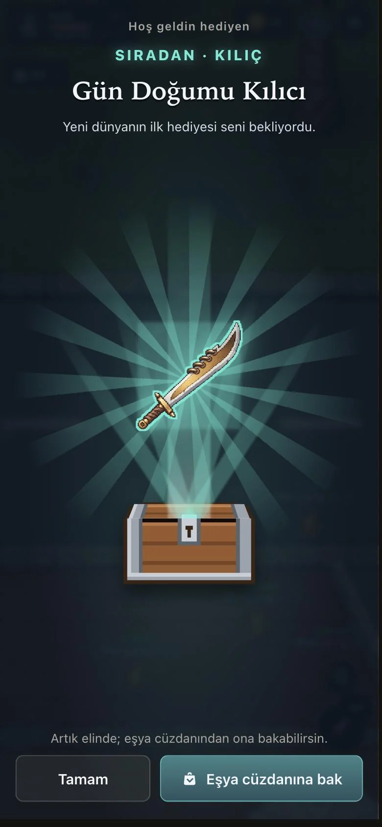 Welcome gift screen: a sword rising from a chest