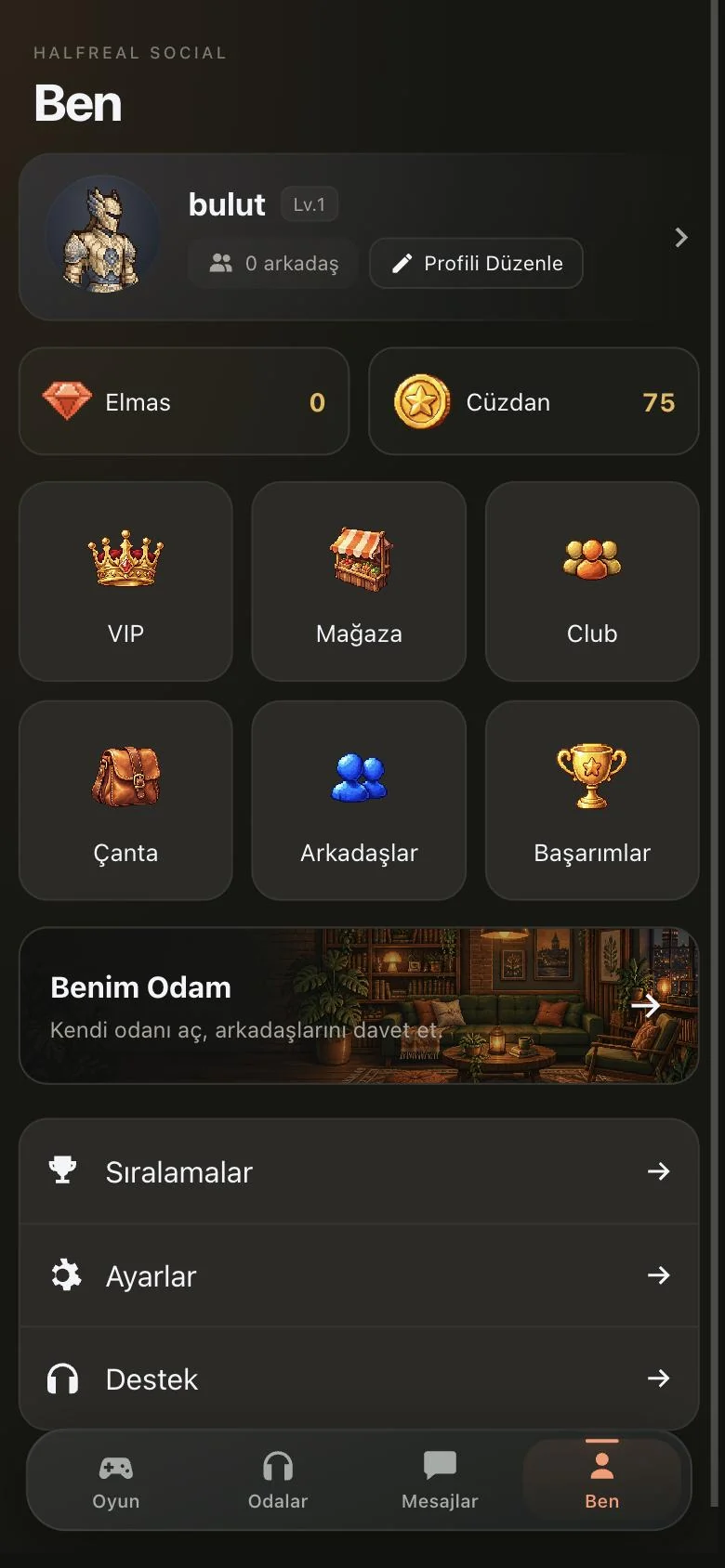 Profile screen: wallet, VIP, shop, bag and friends