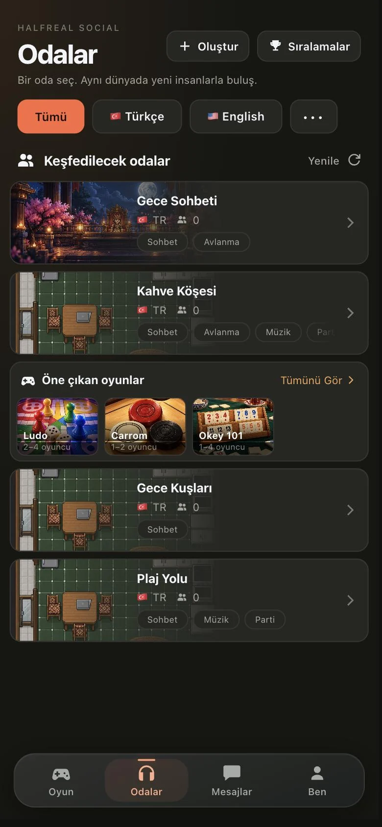 Social rooms list and featured games