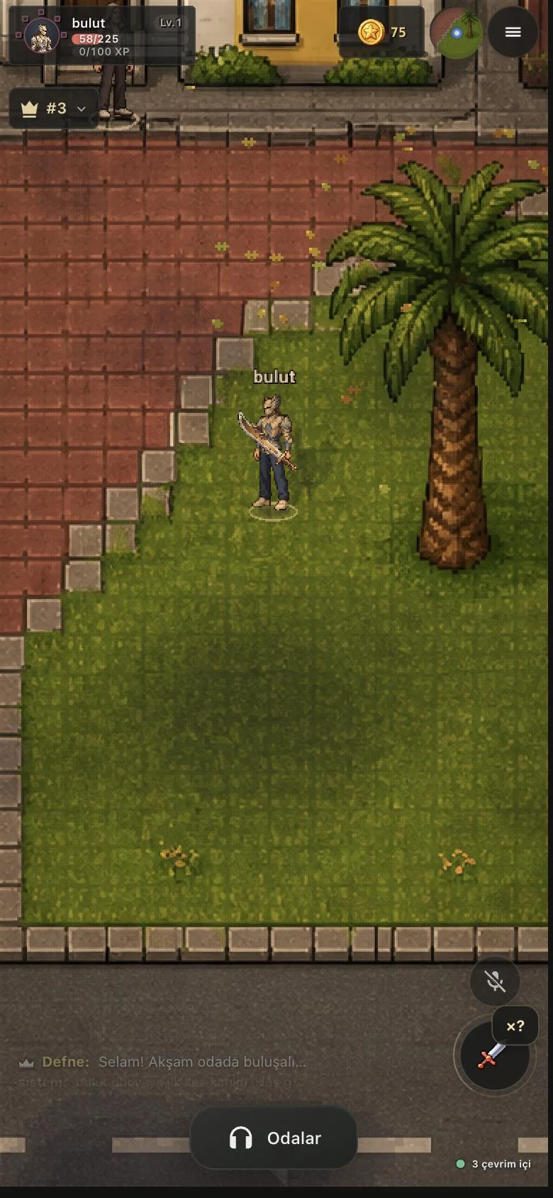 A scene from the HalfReal world: a character with a sword, a palm tree and paving stones